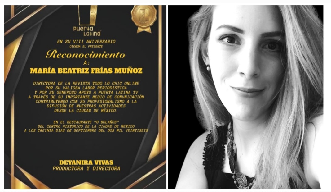 María Beatriz Frías Muñoz fue reconocida en México por Puerta Latina TV en su 8° aniversario